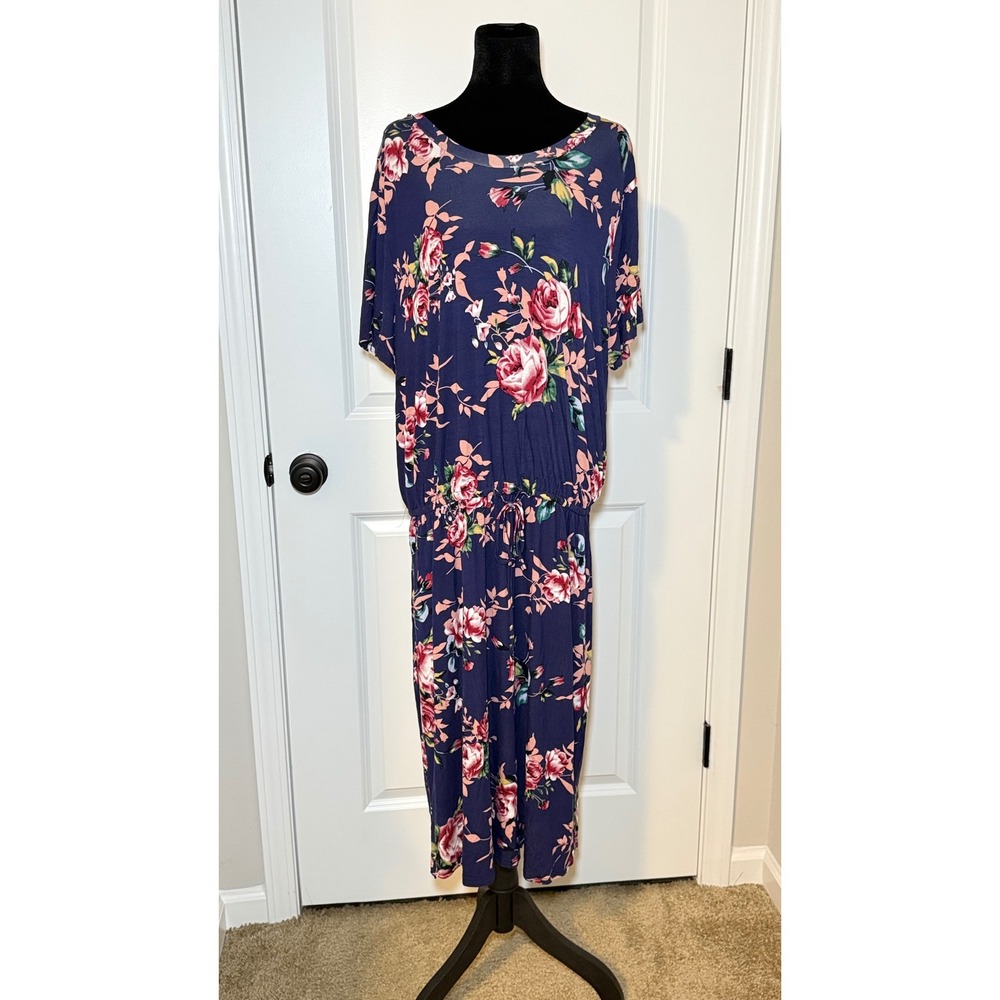 NEW! Simier Fariry Womens Floral Dress Navy Blue Pink Rose Elastic Waist XXL